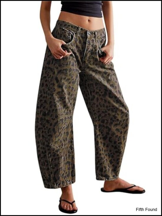Denim - Stretchy Mid Rise Barrel Jeans Loose Wide Leg Cropped Denim Pants Y2k Baggy